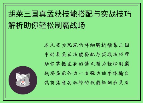 胡莱三国真孟获技能搭配与实战技巧解析助你轻松制霸战场